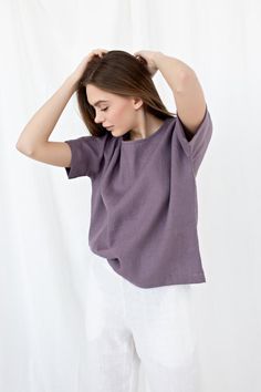 Loose Linen Top, Minimalist Clothing, Linen BlouseD E S C R I P T I O N:- Relaxed loose fit- Straight silhouette- Crew Neck- Short dolman style sleevesD E T A I L S- Name: VIENNA- Sizes: XS - XXL- Color: Mustard, Dusty peach, Salmon, Terracotta, Burgundy red, Cacao, Pine green, Chartreuse green, Milky white, Dusty Lavender, Light Grey, Mint, Sky blue, Blue, Deep blue, Striped grey, Grey, Charcoal grey, Black.- 100% European soft and washed linen fabric (weight 206 g/m² | 6.49 oz/yd²). Fabric is Effortless Short Sleeve Summer T-shirt, Minimalist Short Sleeve T-shirt For Summer, Plain Linen Summer Top, Effortless Short Sleeve T-shirt For Spring, Solid Color Linen T-shirt For Spring, Effortless Short Sleeve Tops, Summer Linen T-shirt, Solid Linen T-shirt For Summer, Linen T-shirt For Summer