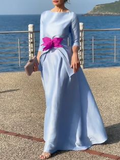 Three-Quarter Sleeves Solid Color Tied Waist Boat Neck Maxi Dresses Flower Gown Dress, Flower Gown, Party Fits, Plain Dress, Cotton Blends Dress, Crewneck Dress, Maxi Dress Blue, Types Of Dresses, Dress With Bow