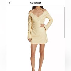 This Chic Moha Minidress From Nanushka Features A Stunning Portrait Neck. Ruched Around The Waist, This Style Showcases Buttons At The Sides. Purchased Dress Unable To Return. Size Medium Portrait Neck Long Sleeves Back Zip Closure 65% Polyester/35% Polyurethane Lining: 56% Acetate/44% Viscose Dry Clean Imported Size & Fit About 32" From Shoulder To Hem Model Measurements: 5'10" Tall Model Is Wearing A Us Size Small Yellow Mini Dress For Cocktail, Yellow Mini Dress For Cocktail Events, Yellow Cocktail Mini Dress, Yellow V-neck Mini Dress For Formal Occasions, Yellow Long Sleeve Mini Dress For Formal Occasions, Yellow Long Sleeve Mini Dress For Cocktail, Formal Yellow V-neck Mini Dress, Yellow Long Sleeve Cocktail Dress, Formal Long Sleeve Yellow Mini Dress