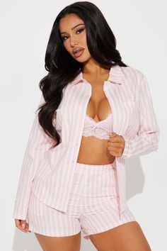 Available In Black/White And White/Pink. 2 Piece PJ Set Long Sleeve Collared Shirt Button Front Chest Pocket Matching Shorts Elastic Waistband Non Stretch Final Sale 100% Cotton Imported | Chill Era Poplin PJ Short Set in White/Pink size Large by Fashion Nova Jayda Wayda Pajamas, Cute Pink Pjs, Pink Pajamas Aesthetic, Cute Pajamas Aesthetic, Sleeping Clothes, Sleeping Wear, Pink Pjs, Bride Pajama, Cute Online Clothing Stores