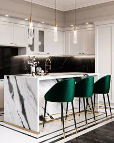 a kitchen with marble counter tops and green chairs