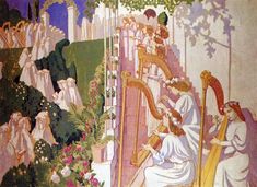 two paintings depicting women playing harps in the woods with flowers and trees around them