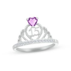 Make her feel majestic on her special day with this sparkly crown ring crafted in sterling silver. A heart-shaped amethyst – the birthstone of February – shines atop the design. The number 15 gleams inside the heart-shaped center, while a line of white lab-created sapphires shimmer on the band to finish the look. Silver Jewelry With Diamond Accents For Birthday, Sterling Silver Jewelry With Diamond Accents For Birthday, Silver Amethyst Ring For Valentine's Day Gift, Heart Cut Birthstone Rings For Birthday, Heart Cut Birthstone Rings For Birthdays, White Gold Rings For Birthday And Valentine's Day, White Gold Rings For Valentine's Day Birthday, Valentine's Day Silver Birthstone Ring With Prong Setting, Silver Birthstone Ring For Valentine's Day