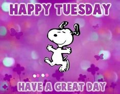 happy tuesday have a great day snoop on purple background with flowers and butterflies in the background