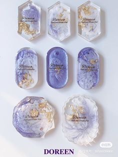 six different types of soaps with gold leaf designs on them and the words doreen