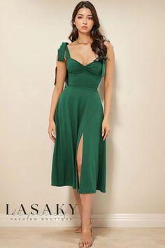 Lasaky - Tie Strap Fit & Flare Midi Dress with High Slit Detail Green Prom Dress Velvet, Prom Dress Velvet, Wedding Guest Inspiration, Socialite Style, Wedding Guest Outfit Ideas, Wedding Guest Attire, Long Slip, Midi Sundress, Wedding Guest Outfits