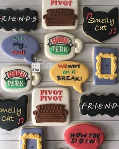 decorated cookies are arranged in the shape of couches, chairs, and speech bubbles