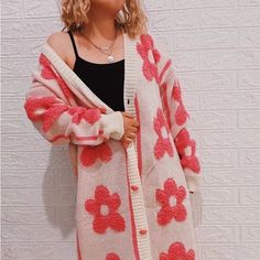 Stunning Rare Big Fuzzy Flower Cardigan Super Fun And Chic To Wear! Please Note That Model In Image Is On The Shorter Side. Where Length Falls Depends On Your Height Soft And Comfortable Loose Fit Style For The Look! Pink V-neck Winter Cardigan, Trendy Pink V-neck Outerwear, Cozy Pink V-neck Outerwear, Pink V-neck Outerwear For Spring, Pink V-neck Outerwear With Button Closure, Pink V-neck Trendy Outerwear, Oversized Trendy Pink Cardigan, Pink V-neck Cardigan For Spring, Pink Oversized V-neck Sweater