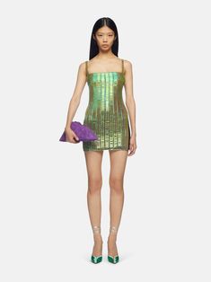 THE ATTICO ''Rue'' iridescent green mini dress Glamorous Green Sequin Cocktail Dress, Glamorous Green Sequin Dress For Cocktail, Green Sequin Dress For Night Out, Green Sequin Dress For Night Out Party, Green Mini Sequin Party Dress, Green Mini Sequin Dress For Party, Green Mini Dress For Beach Party, Green Mini Length Mini Dress For Party, Glamorous Green Mini Dress For Cocktail