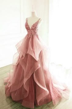 Princess Dark Pink Tulle Long Prom Dress With Lace, Ruffle A Line Formal Dress Royal Ball Gowns, A Line Formal Dress, Prom Dresses Long Pink, Prom Dress Inspo, Pink Evening Dress, Lace Evening Gowns, Spaghetti Strap Prom Dress, Prom Dress Ideas, Stunning Prom Dresses