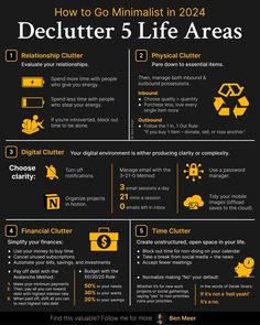 the info sheet for how to go minimalist in 2012, including declutter 5 life areas