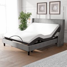 an image of a bed that is in the middle of a room with white walls