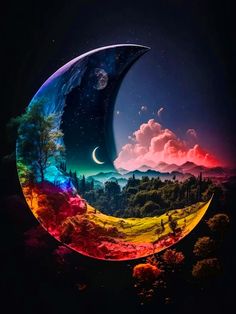 an image of the moon with trees and mountains in the background, as if it were made from photoshopped images