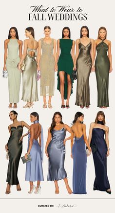 several different types of dresses with the words what to wear to fall weddings on them