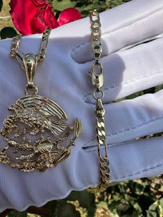 24” long / largo Made in Italy Gold Plated Tarnish free/won't turn your skin green with proper care Pendants and Chains are gold plated 5 times for a long lasting durable shine Mexican Eagle, 32nd Birthday, Eagle Pendant, 32 Birthday, Green Collection, Figaro Chains, Cross Jewelry, Gold Pendant, Necklace Set