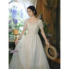 A beautiful, fleeting, sweet romance. A retro dress with a dreamy shimmer. The neckline and cuffs are decorated with lace embroidery. An item that gives a sophisticated and classic impression. 
 
 Size 
 
 S size 
 
 Length: 121cm 
 Shoulder width: 35cm 
 Bust: 86cm 
 Waist: 70cm 
 Sleeve length: 23cm 
 
 M size 
 
 Length: 122cm 
 Shoulder width: 36cm 
 Bust: 90cm 
 Waist: 74cm 
 Sleeve length: 23.5cm 
 
 L size 
 
 Length: 123cm 
 Shoulder width: 37cm 
 Bust: 94cm 
 Waist: 78cm 
 Sleeve length Fitted A-line Dress With Delicate Lace, Elegant Beige A-line Vintage Dress, Beige A-line Lace Dress With Lace Trim, Delicate Lace Fitted A-line Dress, Cottagecore Square Neck Party Dress, Lace Patchwork Square Neck Dress, Elegant Square Neck Lace Dress With Lace Trim, Square Neck Lace Patchwork Dress, Elegant Square Neck Dress With Lace Patchwork