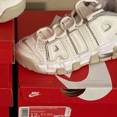 Brand New Kids Nike Air Uptempo Have Two Pairs Size 13c And One Pair Size 12c. White Non-slip Basketball Shoes For Streetwear, Comfortable White Sneakers For School, Nike Shocks, Softball Shoes, Nike Air Uptempo, Nike Lebron Shoes, Toddler Nike Shoes, Nike Air More Uptempo, Nike Air More