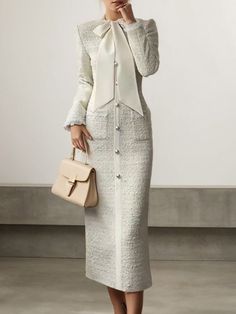 White Bow Tweed Blazer Long Sleeve Sheath Midi Dress Blazer With Dress Outfit Classy, Winter Dresses For Women Classy, Tweed Dress Outfit Classy, Tweed Dress Winter, Business Dresses Classy, Church Dresses For Women Classy Chic, Elegant Suits For Women, Tweed Dress Outfit, White Classy Dress