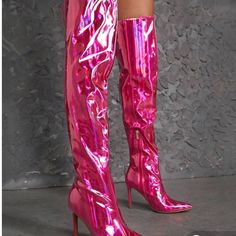 Women’s Beautiful Hot Pink Iridescent 4” Heel Over The Knee Boots Size 7 1/2 Anwot Pink Boots For Night Out During Party Season, Fitted Pink Knee-high Boots For Night Out, Trendy Pink Heeled Boots For Night Out, Pink High Heel Club Boots, Pink High Heel Boots For Club, Pink Boots For Night Out And Party Season, Trendy Pink Boots For Party Season, Pink Boots For Party Season And Night Out, Pink High Heeled Knee-high Boots For Party