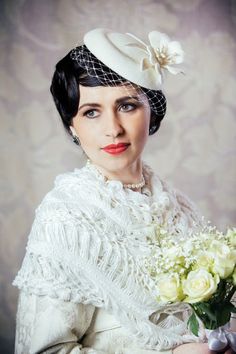 This is an exquisite, vintage inspired ivory bridal pillbox hat with hand-made felt flower, freshwater pearls and birdcage veil. The hat is hand blocked from luxurious rabbit fur felt using traditional millinery techniques. Rabbit fur felt has a soft, velvet-like texture, perfect for a wedding headpiece. Everything in this hat is hand cut, blocked, shaped and stitched. I have created a gorgeous felt flower to trim this extraordinary hat. The flower is embellished with freshwater pearls and seed Ivory Pillbox Hat, Veil Fascinator, Hat Veil, Evening Hat, Bridal Birdcage Veils, 50s Wedding, Bridal Hair Veil, Ivory Veil, Bridal Fascinator