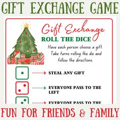 a christmas gift exchange game with the words, roll the dice and give for friends & family