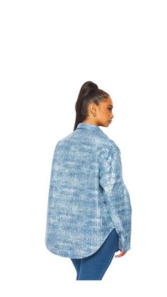 You'll be sure to shine in this sparkly sequin denim oversized shirt! This fierce, fashionable look is perfect for adding a pop of pizzazz to your wardrobe. Whether you're taking a selfie or hitting the dance floor, this killer combo of sparkles and denim will make you stand out in style! 50% Polyester 50% Cotton Taking A Selfie, The Dance, To Shine, Dance Floor, Bold Fashion, Oversized Shirt, Denim Button Up, Cool Style, Sequin