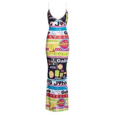 Check out this item from 1stdibs! John Galliano multicoloured viscose knit logo print maxi dress, ss 2002: https://www.1stdibs.com/id-v_17457312 Multicolor Graphic Print Maxi Dress, Multicolor Maxi Dress With Graphic Print, French Revolution Fashion, Newspaper Print Dress, Crochet Sweater Dress, Knit Logo, Boucle Jacket, Knit Alpaca, John Galliano