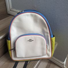 Nwt Coach Cj597 Medium Court Backpack Colorblock In Pebble Leather Chalk Multi. Product Details Refined Pebble Leather Inside Zip And Multifunction Pockets Double Zip Closure, Fabric Lining Handle With 2 1/4" Drop Outside Zip Pocket Adjustable Shoulder Straps 10 3/4" (L) X 12 1/2" (H) X 4 3/4" (W) Style No. Cj597 Casual White Backpack, White Rectangular Leather Backpack For School, White Leather Backpack With Zipper For School, White Leather School Backpack With Adjustable Strap, White Leather School Backpack With Zipper Closure, White Leather Backpack With Zipper Closure For Everyday, White Casual Leather School Backpack, Casual White Leather Backpack For School, Casual White Leather School Backpack