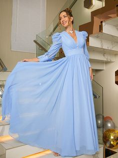 A-Line/Princess Chiffon Ruched V-neck Long Sleeves Floor-Length Dresses Dresses Quinceanera, Evening Dresses Cocktail, Floor Length Dresses, Wedding Bridesmaid Dresses, Quinceanera Dresses, Cocktail Dress Party, Elegant Fashion, Special Occasion Dresses, Occasion Dresses