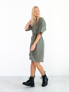 "ISABEL is a linen kimono sleeve dress. DETAILS - Dolman style sleeves - Above the knee length - Self tie belt - 100% lightweight European linen fabric - Cut and sewn to order just for you in our studio COLOR - Sage green, you can also choose other colors above - Fabric samples are available here https://www.etsy.com/listing/586569696/linen-fabric-samples SIZING & FIT - Relaxed fit - Length is approximately 38.5 inches / 98 cm - Bust is approximately 21 inches / 53 cm - Hips are approximatel Fitted Belted Linen Dress, Spring Linen Dress With Belted Cuffs, Spring Linen Belted Dress, Linen Belted Dress For Daywear, Knee-length Linen Dress With Tie Waist, Linen Dresses With Rolled Sleeves In Relaxed Fit, Spring Linen Dresses With Rolled Sleeves, Knee-length Belted Fitted Linen Dress, Fitted Knee-length Belted Linen Dress