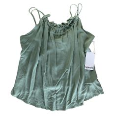 Splendid Women's Sleeveless Viscose Tank Top Ruffle Neckline Strapy Size L Green Flowy Spaghetti Strap Tank Top For Spring, Summer Sleeveless Top With Tie Straps, Flowy Spring Camisole, Flowy Chic Camisole For Vacation, Chic Flowy Tank Top For Summer, Spring Rayon Camisole Tank Top, Summer Cami Blouse With Ruffles, Summer Ruffle Cami Blouse, Green Sleeveless Top With Tie Straps