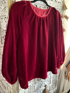 "Velvet shirt blouse tunic I have  two available colors: deep red  black **I have a few of each color. some have tags, some don't but all are new. New Size S Beautiful top & the material is so soft measure flat approx: 22\"chest  25\" Length poly velvet  made in india NO REFUNDS OR EXCHANGES please contact us if there are any concerns with your purchase..if for any reason a refund is agreed upon, return shipping cost is buyers responsibility..no exceptions." Fall Tops With Gathered Bishop Sleeves, Fall Padded Bishop Sleeve Blouse, Padded Bishop Sleeve Blouse For Fall, Fall Padded Blouse With Bishop Sleeves, Chic Velvet Tops For Winter, Red Lantern Sleeve Blouse For Fall, Red Lantern Sleeve Top For Fall, Festive Top With Blouson Long Sleeves, Festive Long Sleeve Top With Blouson Sleeves