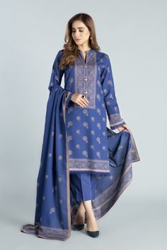 Bareeze Pr1143 Blue Winter Karandi 2021 Blue Palazzo Set With Dabka On Straight Kurta, Blue Palazzo Set With Dabka, Blue Palazzo Set With Straight Kurta And Dabka Details, Blue Naqshi Straight Kurta Traditional Wear, Elegant Blue Traditional Wear With Printed Motifs, Blue Dabka Palazzo Set For Eid, Blue Unstitched Palazzo Set With Dabka Work, Festive Blue Traditional Wear With Naqshi, Formal Long Sleeve Palazzo Set With Naqshi Embroidery