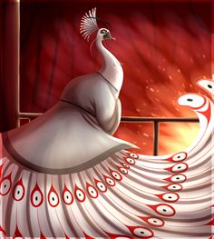 a painting of two white peacocks in front of a red background with light coming through the window