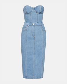 This denim dress combines the casual appeal of blue denim with the sophistication of a bustier top and pencil skirt. Perfect for a cocktail event or dinner out, the midi length offers just the right amount of coverage while still showing off your curves. Bustier denim midi dress Pencil skirt bottom Back zipper closure Length: 35.75" 98% cotton 2% spandex Hand wash Emma is 5ft 10in and is wearing a size small Imported Elegant Fitted Denim Dress For Party, Elegant Fitted Denim Party Dress, Elegant Fitted Denim Dress, Fitted Blue Denim Corset Dress, Elegant Fitted Denim Dress For Date Night, Fitted Knee-length Denim Party Dress, Fitted Knee-length Denim Dress For Party, Elegant Denim Dress For Night Out, Chic Fitted Midi-length Denim Dress