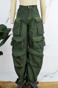 Green Casual Solid Patchwork Regular High Waist Conventional Solid Color Trousers Non-stretch Green Cargo Pants, Fitted Green Cargo Parachute Pants, Green High Waist Patchwork Bottoms, Green High-waist Patchwork Bottoms, Non-stretch Full Length Green Cargo Pants, Green Non-stretch Cargo Pants, Baggy Green High-waist Parachute Pants, Green Baggy High-waisted Parachute Pants, Green Non-stretch Cotton Cargo Pants