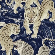 three white tigers are walking in the blue water with their mouths open and eyes closed