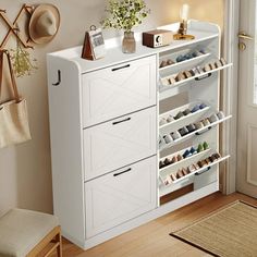 a white shoe rack in the corner of a room