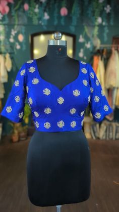 Royal blue rawsilk hand embroidered blouse with all over zardosi embroidery  size: please choose the size from the drop down. if you want custom measurements,  I'll send you the measurements sheet when you order.  Please contact me if you have any questions Blue Blouse Piece With Floral Embroidery For Party, Blue Party Blouse With Floral Embroidery, Blue Floral Embroidery Blouse For Party, Blue Floral Embroidery Blouse Piece For Party, Blue Blouse With Intricate Embroidery For Party, Fitted Blouse With Intricate Embroidery For Navratri, Fitted Resham Embroidered Top For Navratri, Blue Embroidered Blouse For Reception, Fitted Blue Blouse Piece With Intricate Embroidery