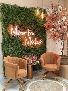 two chairs sitting next to each other in front of a wall with plants on it