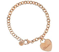 Personalized accessories make thoughtful gifts. Go ahead and pick up this heart charm bracelet for your loved one or treat yourself to this customized piece -- you deserve it! From Veronese Collection® Jewelry. Elegant Bracelets With Heart Charm For Personalized Gift, Elegant Bracelets With Heart Charm, Classic Heart Pendant Bracelet As Gift, Elegant Heart Shaped Bracelets For Anniversary, Elegant Heart Shaped Charms For Gifts, Elegant Heart-shaped Charms For Gifts, Elegant Personalized Heart Pendant Bracelet, Elegant Engraved Heart Name Bracelet, Classic Heart Charm Bracelet As Gift