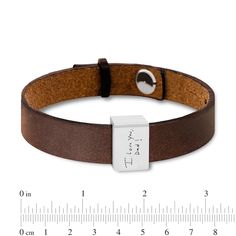 He'll wear this handwiring or photo leather bracelet proudly - a unique and sentimental accessory with personalized design just for him. Fashioned in sterling silver This style showcases a rectangle-shaped accent with a photo or handwritten message - provided by you - expertly transferred using modern technology. Your selection of black or brown leather completes the look. This 8.5-inch bracelet secures with a push-through button and buckle clasp. Please follow these steps: 1) Place your order; 2) Text your photo or your handwriting directly from your smartphone to (972) 483-2900; and 3) When prompted, please respond with your Order Confirmation #. Standard text messaging rates may apply. Modern Adjustable Rectangular Leather Bracelet, Modern Adjustable Bracelet With Engraving Option, Modern Jewelry With Leather Strap For Gift, Adjustable Rectangular Jewelry With Leather Strap, Elegant Adjustable Leather Bracelet For Father's Day, Modern Rectangular Leather Bracelet For Gift, Everyday Leather Jewelry With Engraving Option, Modern Rectangular Leather Bracelet As Gift, Modern Rectangular Leather Bracelet Gift