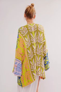 Mallorca Cardi | Free People Summer Oversized Graphic Print Outerwear, Summer Oversized Outerwear With Graphic Print, Oversized Printed Spring Outerwear, Oversized Printed Outerwear For Spring, Printed Oversized Outerwear For Spring, Green Jacquard Knit Long Sleeve Cardigan, Oversized Fall Vacation Sweater, Oversized Graphic Print Sweater For Spring, Green Long Sleeve Sweater For Vacation