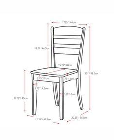 the measurements for a wooden dining chair with slatted back and seat, shown in white