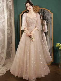 Sweet Off Shoulder Square Neck Champagne Prom Formal Dress01 Elegant Prom Dresses Long Sleeve, Puffy Dresses Prom, Beautiful Princess Dresses, White Summer Midi Dress, Gaun Tulle, Summer Dress Outfits Casual, Simple Long Dress, Wedding Evening Gown