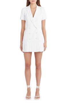 This tuxedo-inspired minidress boasts tonal buttons down the front and a fluttery pleated skirt that swishes with each step you take. 33" length (size medium) Front button closure Notched lapels Short sleeves Lined 100% polyester Dry clean Imported Fitted White Mini Dress With Pleated Waist, Fitted Mini Dress With Pleated Bodice For Daywear, Chic Fitted Pleated Dress For Daywear, Elegant Mini Length Spring Tennis Dress, Elegant Mini Length Tennis Dress For Spring, Elegant Mini Tennis Dress For Spring, Elegant Spring Mini Tennis Dress, Pleated Mini Dress For Semi-formal Spring Events, Formal White Pleated Dress