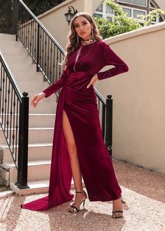 This Long Sleeved High Side Split Maxi Velvet Dress exudes sophistication and luxury. Crafted from velvet with an elegant, slim-fit silhouette, the high side split allows for a graceful swish of fabric with each step. For a timeless ensemble that will never go out of style, this dress will be your go-to piece. Fit Type: Regular Fit Fabric: Slight Stretch Material: Polyester Elegant Long Sleeve Velvet Dress, Elegant Long Sleeve Maxi Dress With Side Slits, Maxi Length Evening Dress With Side Slits For Dinner, Elegant Velvet Evening Dress For Dinner, Elegant Velvet Cocktail Dress, Elegant Velvet Maxi Dress For Cocktail, Elegant Split Maxi Dress For Party, Elegant Long Sleeve Velvet Cocktail Dress, Elegant Long Sleeve Velvet Gala Dress