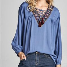 Embroidery Peasant Top Set With V-Neck Lace Tassel. This Has A Loose Fitting Wear. Super Comfortable. 100% Rayon. Hand Wash Cold. Price Firm Unless Bundled With 2 Or More For 10% Discount. Casual Blue Embroidered V-neck Top, Blue V-neck Top With Floral Embroidery, Bohemian Peasant Top With Floral Embroidery And V-neck, Bohemian Peasant Top With Floral Embroidery V-neck, Blue Casual Embroidered V-neck Top, Blue Peasant V-neck Top, Blue Peasant Style V-neck Top, Peasant V-neck Top With Floral Embroidery, Embroidered V-neck Peasant Top For Fall