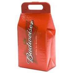 a red beverage box with the word budweiser on it's front and side