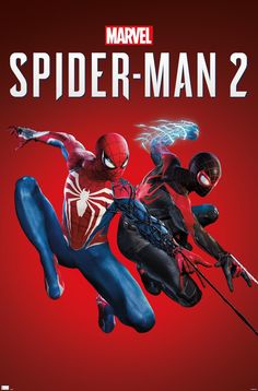 the poster for spider - man 2 is shown in front of a red background with black and